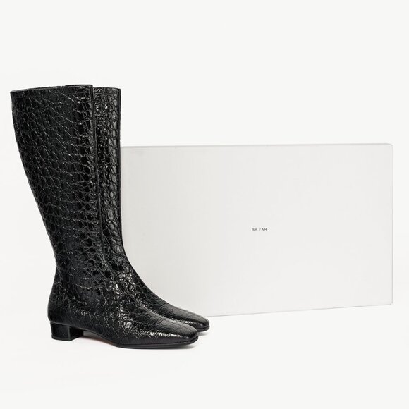 BY FAR Edie Black Circular Croco-Embossed Leather Knee-High Boots - Picture 11 of 11
